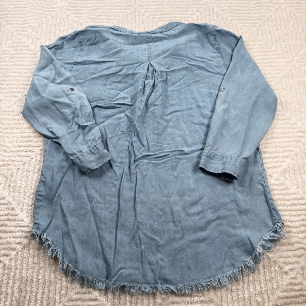Hester Orchard Shirt Women's Medium Denim Tencel Tunic Frayed Hem Rodeo Cowgirl - Picture 2 of 10